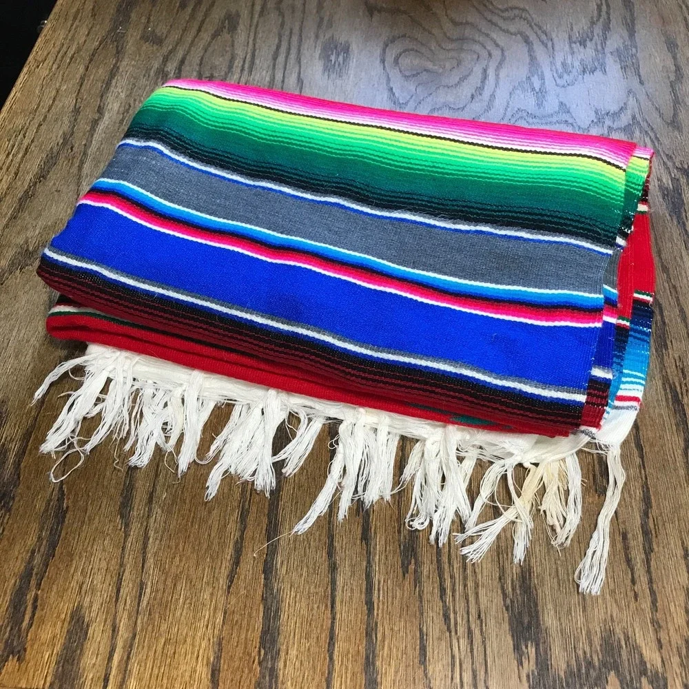 Thick Soft Mexican Falsa‎ Blanket Rainbow Striped Rustic Boho 60